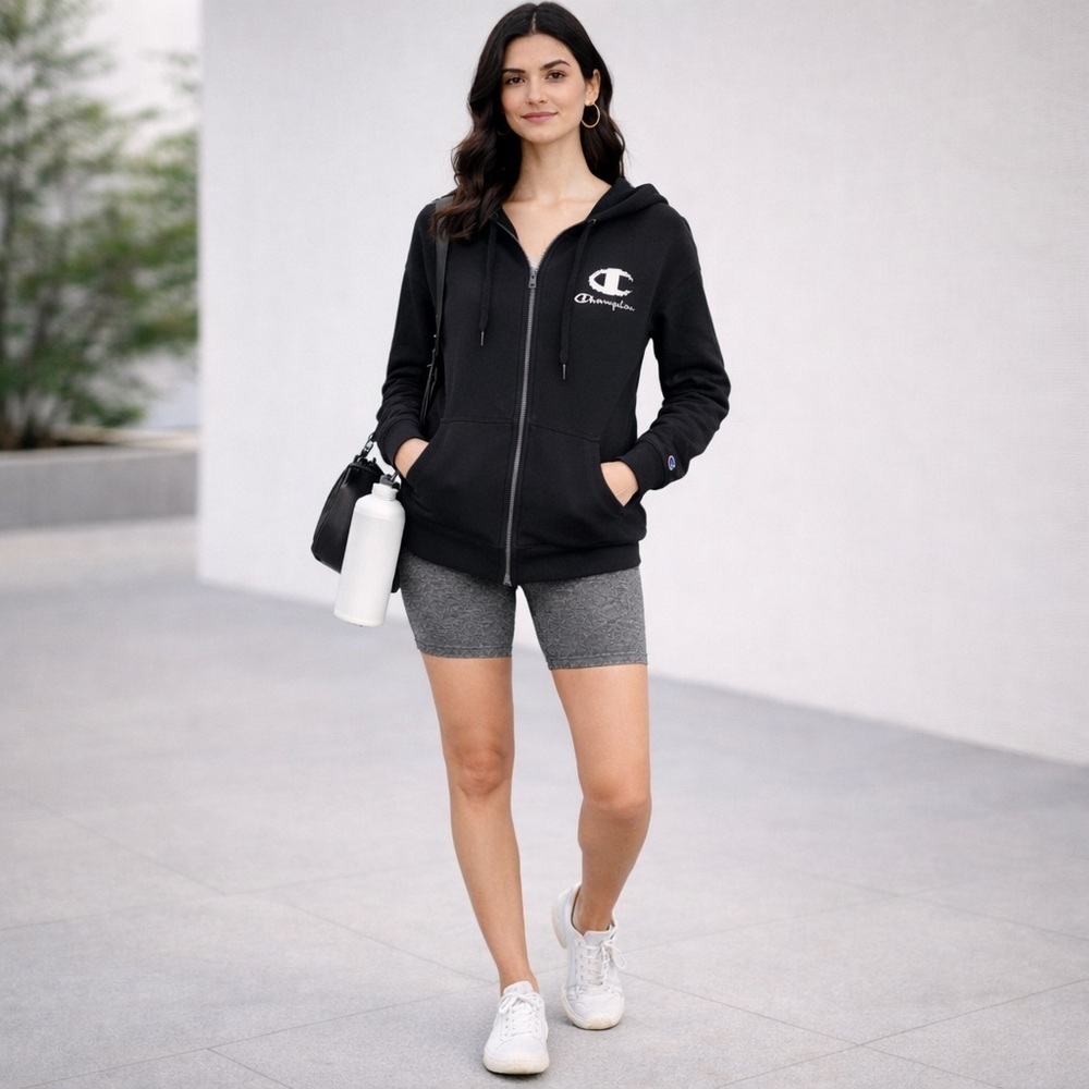 Champion Black Full Zip-Up Hoodie Jacket Fleece Size Large